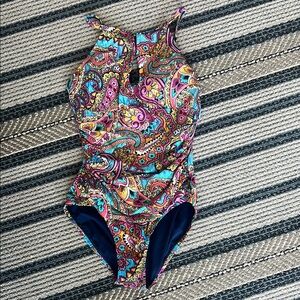 Ellen Tracy Floral One Piece Swimsuit with High Neckline